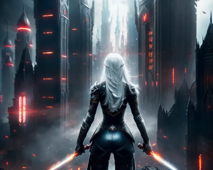 masterpiece, intricate details, 1girl, white hair, scarlet bloom, dark fantasy, ruins, (a broken future city), (a spaceship in the air), space, wielding neon spear, long shot, wide angle, from behind, dark souls, (lots of fine detail, rich details:1.3), (best quality, high quality:1.3)