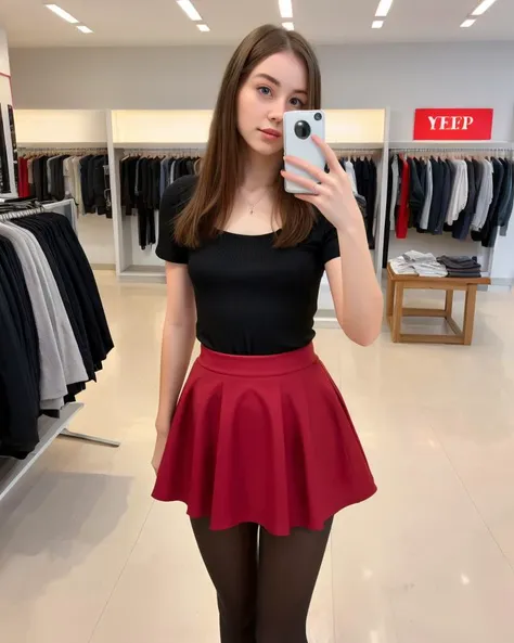 25 years old woman, selfie, flat chest, in the clothing (store), skirt, pantyhose, complex background, stuff in the background