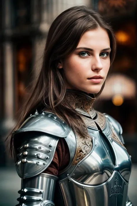 raw masterpiece photo, woman with brown hair, knight in an intricate detail armor, detailed background dof