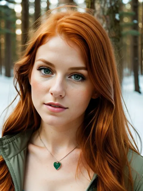 foxy european woman, ginger hair, winter forest, 24mm, photolab, hdr, sharp focus, soothing tones, low contrast, dim colors, faded, natural skin texture, diffused soft light, sharp, imperfect skin, (lots of fine detail, rich details:1.15), (best quality, high quality:1.15)