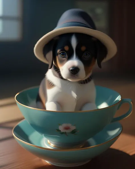 puppy wearing a small hat inside of a teacup, ultra detailed, volumetric lighting, CGSociety, Studio Ghibli, by Makoto Shinkai, Deep Color, Intricate, 8k resolution concept art, Natural Lighting, Beautiful Composition