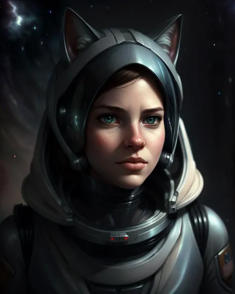 [woman|cat:3], in space, (cartoon:0.3), (art:1.3), soothing tones, neutral colors, (hdr:1.2), (muted colors:1.2), (artstation:1.4), faded, dramatic, cinematic, refined details, digital art, (chiaroscuro:1.3), wlop, by magali villeneuve