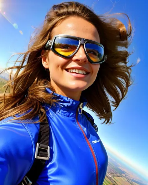 skydiving woman, through the air, upside-down, full body, parachute, masterpiece, best quality, ultra-detailed, evening, summer, sunny, long hair, wavy hair, messy hair, windy, cheerful, goggles, jumpsuit, clear sky, analog style, looking at viewer, solo