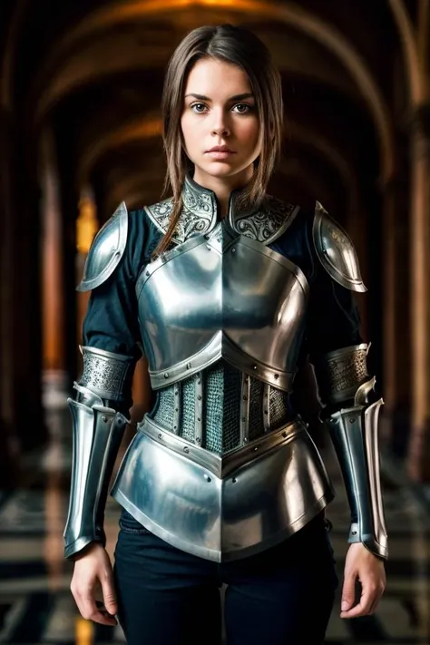 raw masterpiece photo, woman with brown hair, knight in an intricate detail armor, detailed background dof