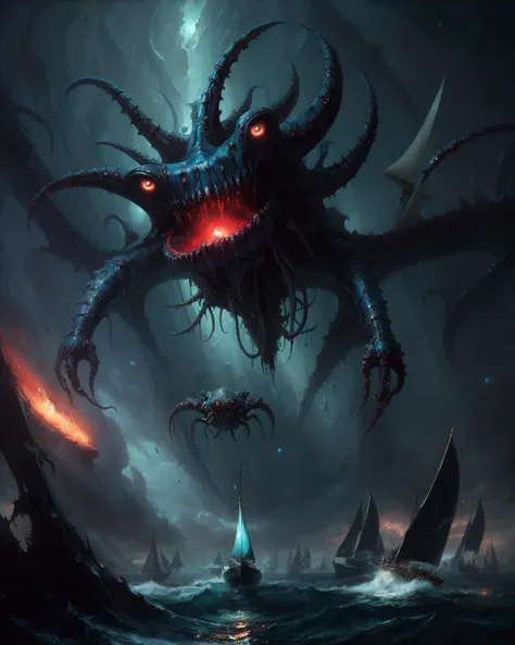 masterpiece, best quality, deep sea, huge monster with many eyes, sailboats, horror, realism, colourful, cosmic horror, greg rutkowski, dark