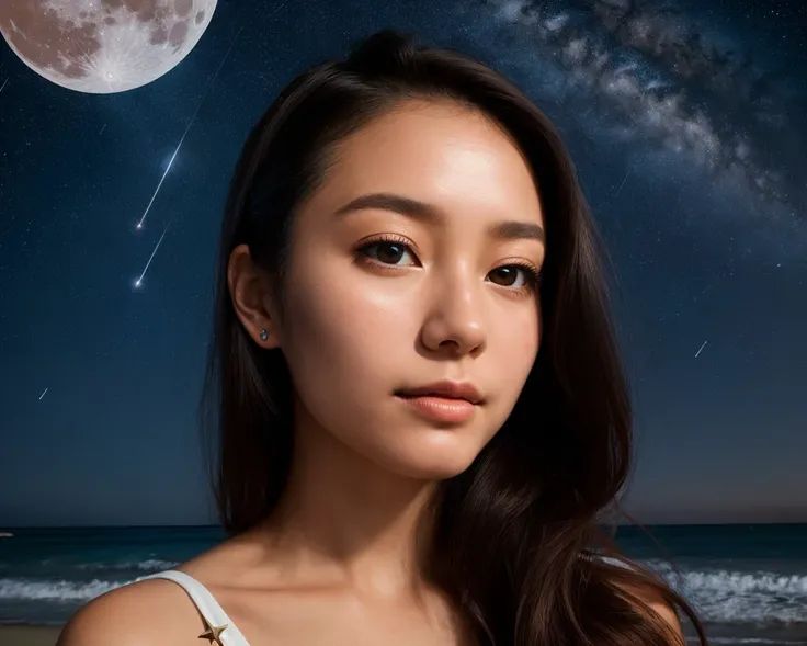 woman close-up, star, space, masterpiece, best quality, night, beach, moon, cloud, high detail background, meteor shower