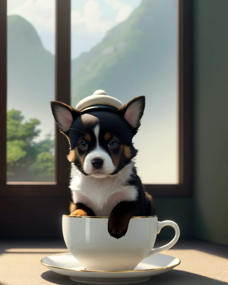 puppy wearing a small hat inside of a teacup, ultra detailed, volumetric lighting, cgsociety, studio ghibli, by makoto shinkai, deep color, Intricate, 8k resolution concept art, natural lighting, beautiful composition