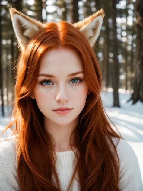 foxy european woman, ginger hair, winter forest, 24mm, photolab, hdr, sharp focus, soothing tones, low contrast, dim colors, faded, natural skin texture, diffused soft light, sharp, imperfect skin, (lots of fine detail, rich details:1.15), (best quality, high quality:1.15)