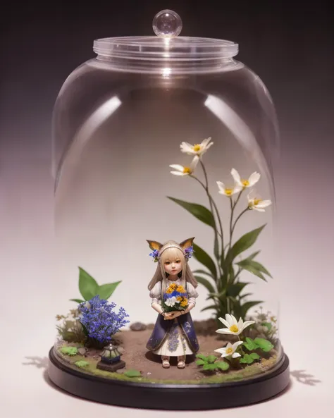 masterpiece, best quality, 1girl inside a jar, simple background, full body, flower, erune, miniature, ((diorama)), full shot, small, cinematic lighting, hyperdetail, hyperintricate, [canon 5d iv], wide shot