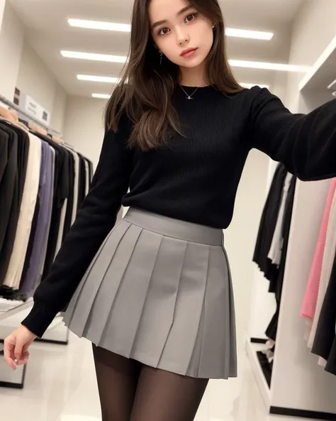 25 years old woman, selfie, flat chest, in the clothing (store), skirt, pantyhose, complex background, stuff in the background, instagram