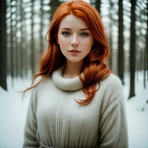 foxy european woman, ginger hair, winter forest, natural skin texture, 24mm, 4k textures, soft cinematic light, adobe lightroom, photolab, hdr, sharp focus, ((((cinematic look)))), soothing tones, low contrast, soft cinematic light, dim colors, exposure blend, hdr, faded