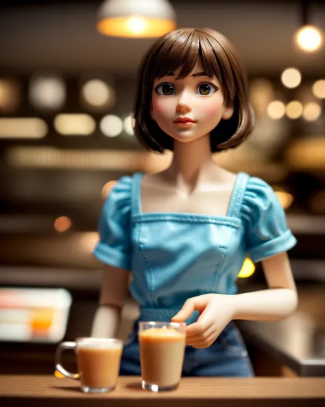 girl, close-up, cafe, miniature, ((diorama)), complex background, stuff in the background, full shot, small, miniature, perfect, smooth, centered, pixar style, (isometric equilateral view), cinematic lighting, [canon 5d iv], wide shot