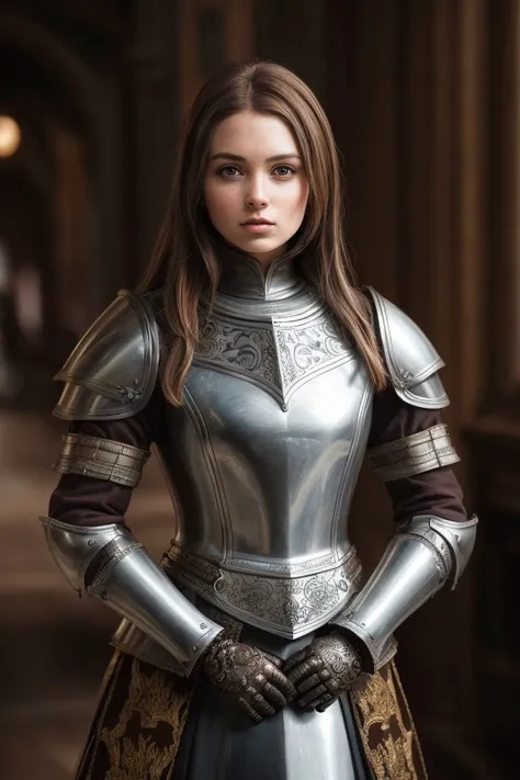 raw masterpiece photo, woman with brown hair, knight in an intricate detail armor, detailed background dof