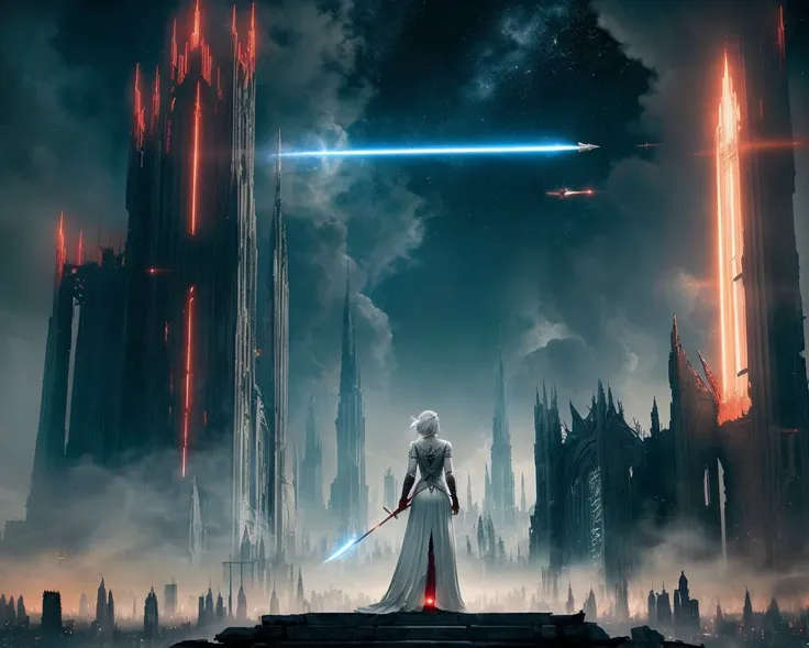 masterpiece, intricate details, 1girl, white hair, scarlet bloom, dark fantasy, ruins, (a broken future city), (a spaceship in the air), space, wielding neon spear, long shot, wide angle, from behind, dark souls, (lots of fine detail, rich details:1.3), (best quality, high quality:1.3)