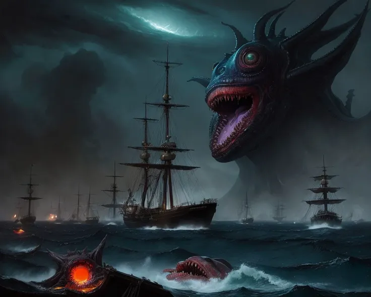masterpiece, best quality, deep sea, huge monster with many eyes, sailboats, horror, realism, colourful, cosmic horror, greg rutkowski, dark