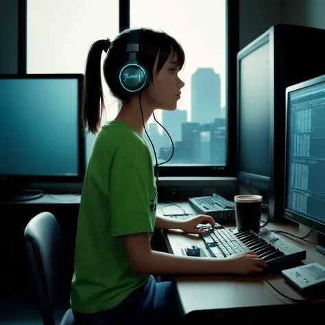 lofi girl, room, side view, [headphones, keyboard, computer, monitor light], coffee mug, lain, chill, relax, forced perspective, backlighting, beautiful detailed neon glow, (lots of fine detail, rich details:1.3), (best quality, high quality:1.3)