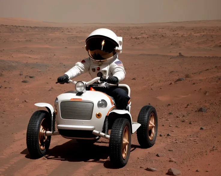 astronaut riding quadricycle on the surface of mars