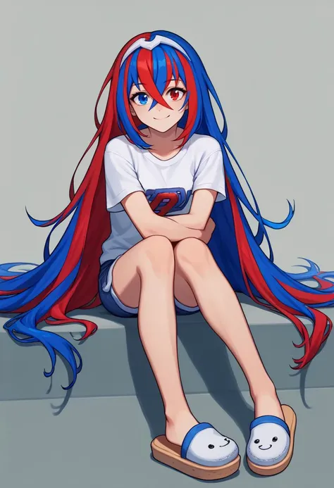 score_9, score_8_up, score_8_up, source_anime BREAK 1girl, solo, <lora:alear-fe-richy-v1_pdxl:1> alearrnd, heterochromia, blue eyes, red eyes, multicolored hair, red hair, blue hair, crossed bangs, very long hair, crocs, smile, shirt, short shorts, sitting