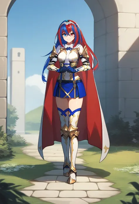 score_9, score_8_up, score_8_up, source_anime BREAK 1girl, solo, <lora:alear-fe-richy-v1_pdxl:1> aleardef, heterochromia, blue eyes, red eyes, multicolored hair, red hair, blue hair, braid, crossed bangs, very long hair, tiara, bowtie, armor, suspenders, blue skirt, thighhighs, gloves, thighhighs, cape, breasts, smile, outdoors, fantasy, looking at viewer, full body, zettai ryouiki