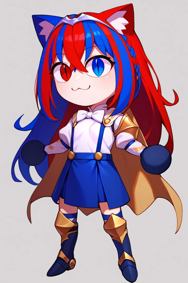score_9, score_8_up, score_7_up, BREAK , 1girl, solo, <lora:necoarc-guy-PONY-v1:0.95> necoarc, slit pupils, cat ears, chibi, :3, <lora:alear-fe-richy-v1_pdxl:0.9> aleardef, heterochromia, blue eyes, red eyes, multicolored hair, red hair, blue hair, braid, crossed bangs, very long hair, tiara, bowtie, armor, suspenders, blue skirt, thighhighs, gloves, cape