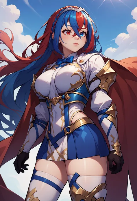 score_9, score_8_up, score_7_up, score_6_up, BREAK aleardef, heterochromia, blue eyes, red eyes, multicolored hair, red hair, blue hair, braid, crossed bangs, very long hair, tiara, bowtie, armor, suspenders, blue skirt, thighhighs, gloves, cape, large breasts<lora:alear-fe-richy-v1_pdxl:0.8>