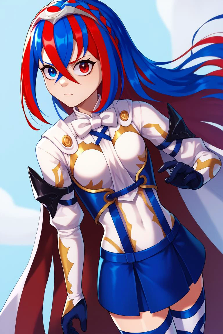 score_9, score_8_up, score_7_up, BREAK , <lora:shadmanPONYXL-guy-v1:0.95>, shadman, 1girl, solo, <lora:alear-fe-richy-v1_pdxl:0.9> aleardef, heterochromia, blue eyes, red eyes, multicolored hair, red hair, blue hair, braid, crossed bangs, very long hair, tiara, bowtie, armor, suspenders, blue skirt, thighhighs, gloves, cape