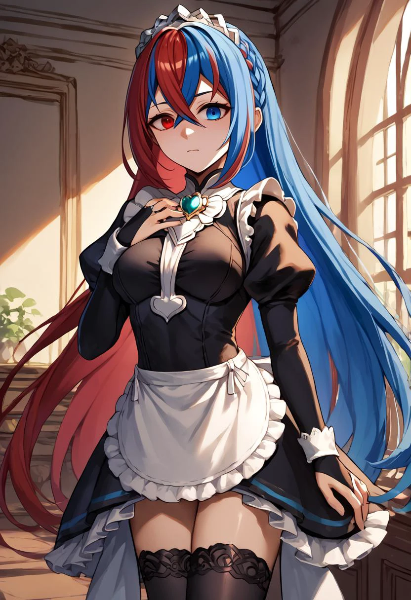 score_9, score_8_up, score_7_up, score_6_up, BREAK source_anime, rating_explicit, solo, <lora:alear-fe-richy-v1_pdxl:.7> alearrnd, heterochromia, blue eyes, red eyes, multicolored hair, red hair, blue hair, braid, crossed bangs, very long hair, tiara, wearing <lora:felicia-fe-richy-v1_pdxl:.7> , brooch, maid apron, black thighhighs, bridal gauntlets,