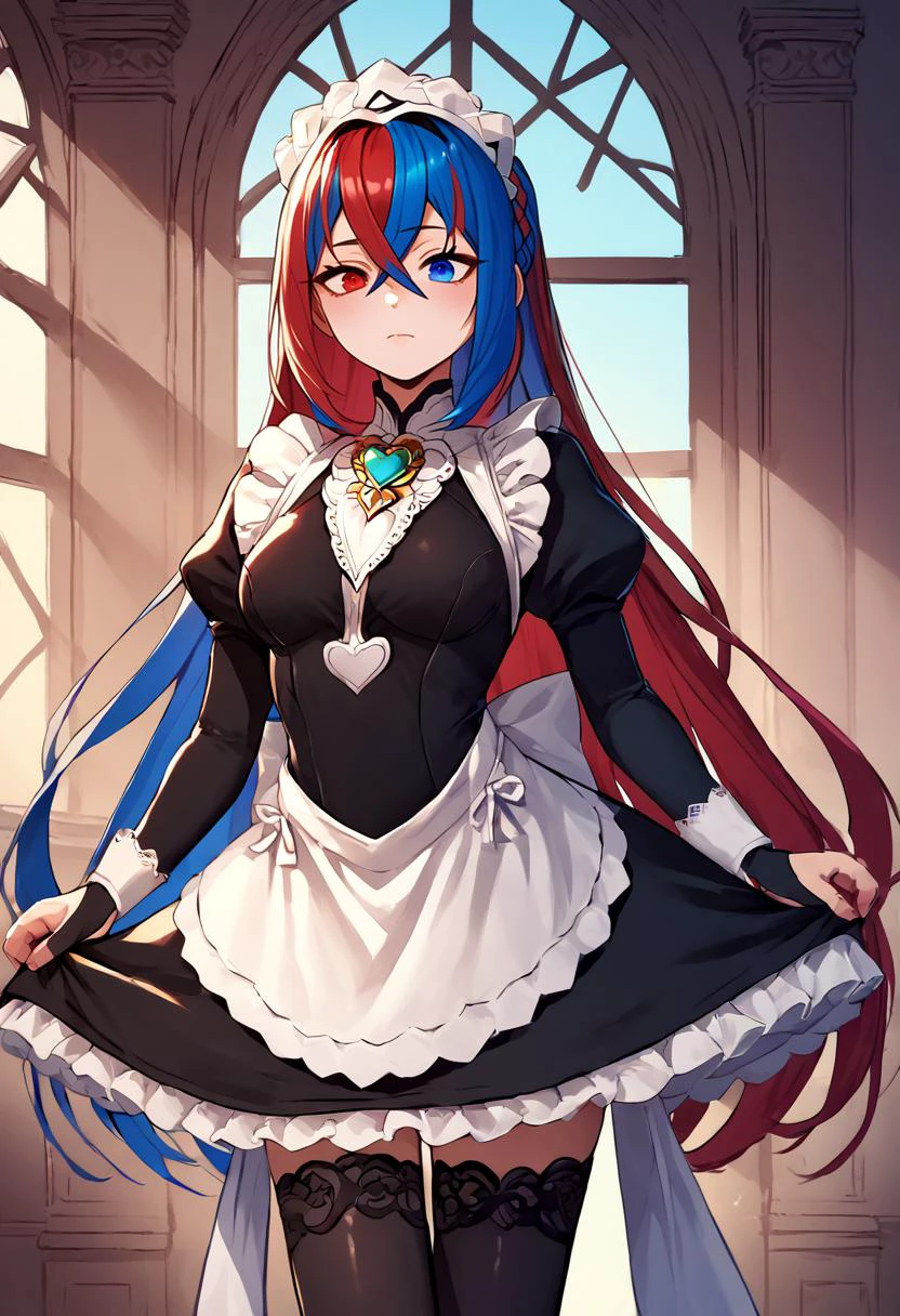 score_9, score_8_up, score_7_up, score_6_up, BREAK source_anime, rating_explicit, solo, <lora:alear-fe-richy-v1_pdxl:.75> alearrnd, heterochromia, blue eyes, red eyes, multicolored hair, red hair, blue hair, braid, crossed bangs, very long hair, maid headdress, wearing <lora:felicia-fe-richy-v1_pdxl:.75> , brooch, maid apron, black thighhighs, bridal gauntlets,