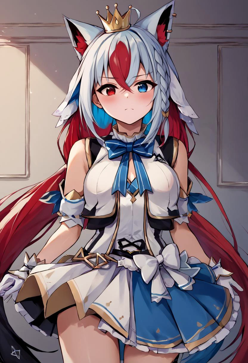 score_9, score_8_up, score_7_up, score_6_up, BREAK source_anime, rating_explicit, solo, <lora:alear-fe-richy-v1_pdxl:.7> alearrnd, heterochromia, blue eyes, red eyes, multicolored hair, red hair, blue hair, braid, crossed bangs, very long hair, tiara, wearing <lora:shirakami_fubuki_sdxl_pony-2:.95> hololive idol uniform, sleeveless, layered skirt, white gloves, mini crown, blue bowtie, bow, white hair, single side braid, ahoge, piercing, fox tail, pentagram,