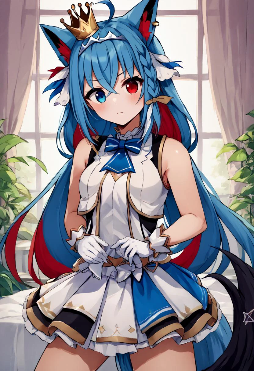 score_9, score_8_up, score_7_up, score_6_up, BREAK source_anime, rating_explicit, solo, <lora:alear-fe-richy-v1_pdxl:.7> alearrnd, heterochromia, blue eyes, red eyes, multicolored hair, red hair, blue hair, braid, crossed bangs, very long hair, tiara, wearing <lora:shirakami_fubuki_sdxl_pony-2:.95> hololive idol uniform, sleeveless, layered skirt, white gloves, mini crown, blue bowtie, bow, white hair, single side braid, ahoge, piercing, fox tail, pentagram,