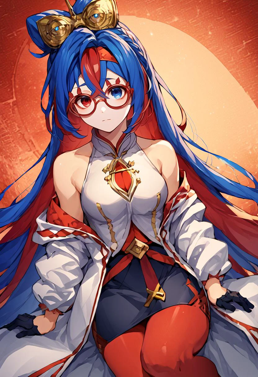score_9, score_8_up, score_7_up, score_6_up, BREAK source_anime, solo, 1girl, wearing <lora:purah-pdxl-nvwls-v1:1> hair ornament, red headband, red glasses, sleeveless shirt, white coat, black skirt, red leggings, gloves, <lora:alear-fe-richy-v1_pdxl:.65> , upright straddle, alearrnd, heterochromia, blue eyes, red eyes, multicolored hair, red hair, blue hair, braid, crossed bangs, very long hair,