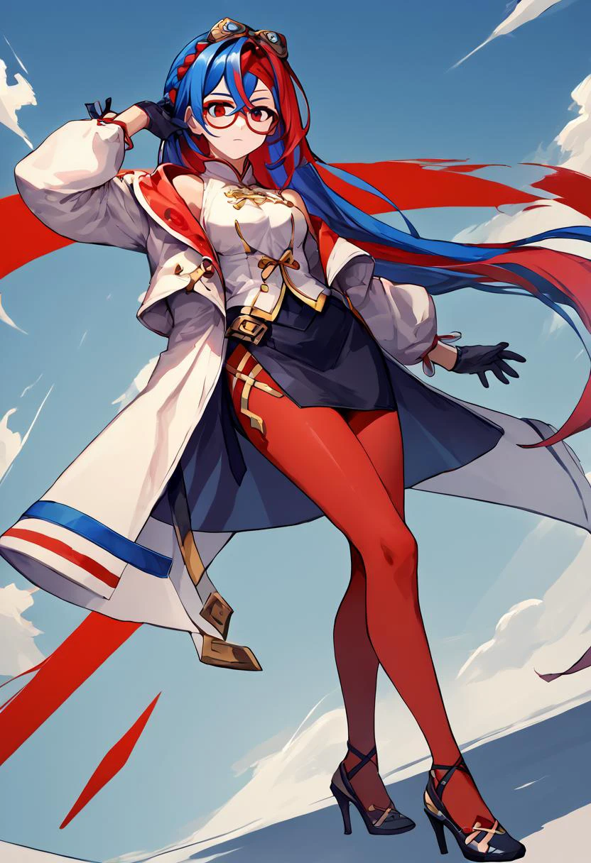 score_9, score_8_up, score_7_up, score_6_up, BREAK source_anime, solo, 1girl, wearing <lora:purah-pdxl-nvwls-v1:.9> hair ornament, red headband, red glasses, sleeveless shirt, white coat, black skirt, red leggings, gloves, high heels, <lora:alear-fe-richy-v1_pdxl:.65> , pose, alearrnd, heterochromia, blue eyes, red eyes, multicolored hair, red hair, blue hair, braid, crossed bangs, very long hair,