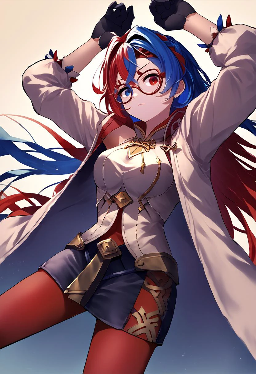 score_9, score_8_up, score_7_up, score_6_up, BREAK source_anime, solo, 1girl, wearing <lora:purah-pdxl-nvwls-v1:1> hair ornament, red headband, red glasses, sleeveless shirt, white coat, black skirt, red leggings, gloves, <lora:alear-fe-richy-v1_pdxl:.65> , hands above her head, alearrnd, heterochromia, blue eyes, red eyes, multicolored hair, red hair, blue hair, braid, crossed bangs, very long hair,