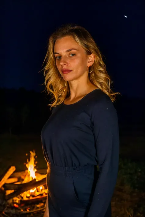 medium close up shot, <lora:mbmdl1c:0.75>,freckles, blonde hair, brown hair, realistic photo of a woman, wearing a jumpsuit, standing near a campfire, night time, dark, looking at the camera, (sharp focus, highly detailed, 4k, 8k, best quality, masterpiece, ultra highres:1), dark lighting, contrast, medium shot, <lora:rMadArt3_NoiseOffset:2>