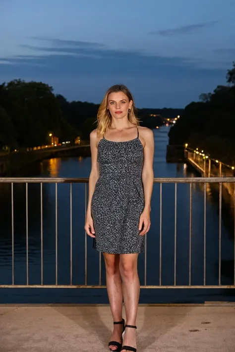 <lora:mbmdl1c:0.75>,freckles, blonde hair, brown hair, realistic photo of a woman, wearing a dress, classy, elegant, standing on a bridge, night time, dark, looking at the camera, (sharp focus, highly detailed, 4k, 8k, best quality, masterpiece, ultra highres:1), dark lighting, contrast, medium shot, <lora:rMadArt3_NoiseOffset:2>