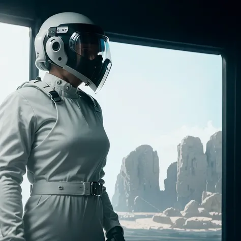 .<lora:rMadArt3_NoiseOffset:12>,  armed female figure in a white sci-fi suit (tight jumpsuit), at the spaceport, against the background of a sci-fi ship taking off, overcast, mask, sci-fi visor, sci-fi lens, sci-fi respirator, bald head, plate armor, isolated armor, third-person view from below, lots of fine detail, sci-fi movie style, photography, natural textures, natural light, natural blur, photorealism, cinematic rendering, ray tracing, highest quality, highest detail, Cinematic, Blur Effect, Long Exposure, 8K, Ultra-HD, Natural Lighting, Moody Lighting, Cinematic Lighting hyper-realistic,  vibrant,  8k, detailed, ultra detail,