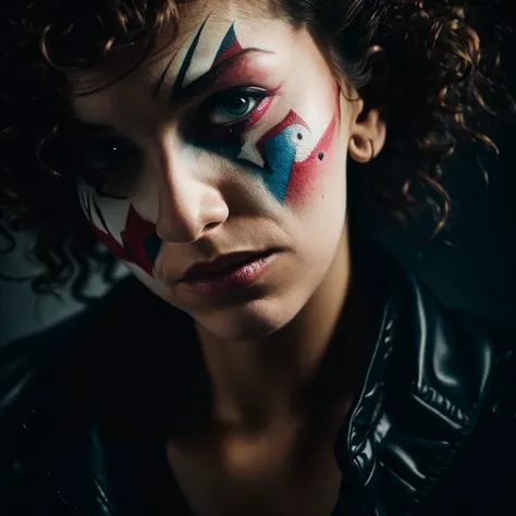 .<lora:rMadArt3_NoiseOffset:8>,  close up of a scary brazilian female cyberpunk clown on a Circus background bycircus background, a character portrait, trending on deviantart, dark atmoshopere, riot entertainment realistic, techno, peter hurley, costume design, taken with hasselblad H6D 100c, the HCD 24mm lens, old master
 photorealistic, cinematic lighting, volumetric lighting, dark atmosphere, soft lighting,