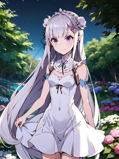 emilia \(re:zero\),
1girl,solo,
silver hair,very long hair,low-tied long hair,braid,x hair ornament,hair flower,purple eyes,pointy ears,white dress,outdoors, garden,cowboy shot, smile