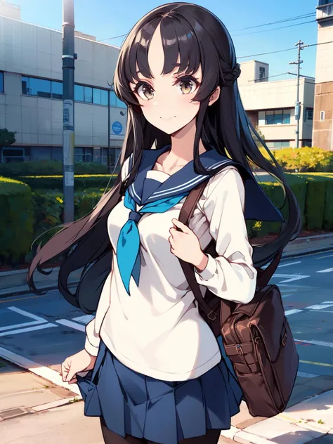 1girl, solo, long hair, school uniform, skirt, black hair, pantyhose, serafuku, bag, pleated skirt, school bag, looking at viewer, long sleeves, neckerchief, cellphone, shirt, sailor collar, standing, white shirt, black pantyhose, closed mouth, smile, blue skirt, bangs, breasts, brown eyes, blue sailor collar, outdoors, school