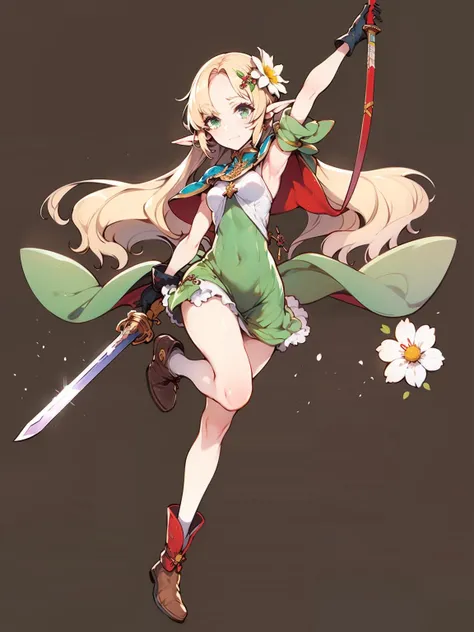 1girl, long hair, solo, pointy ears, elf, blonde hair, weapon, sword, very long hair, brown gloves, gloves, flower, dress, holding, boots, brown footwear, green dress, full body, short dress, holding sword, holding weapon, standing on one leg, standing, looking at viewer, simple background, sleeveless, hair ornament, arm up, bangs, green eyes, hair flower, sleeveless dress, leg up, closed mouth, capelet, parted bangs, white flower, breasts