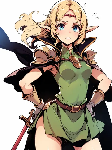 1girl, elf, solo, pointy ears, blonde hair, long hair, cape, weapon, white background, gloves, circlet, blue eyes, armor, sword, hand on hip, simple background, flying sweatdrops