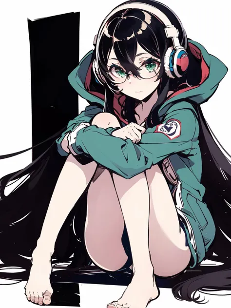 1girl, solo, long hair, barefoot, headphones, hood, black hair, sitting, very long hair, hoodie, white background, glasses, hood down, simple background, hair between eyes, green eyes, full body, hugging own legs, jacket, looking at viewer, feet, long sleeves, bare legs