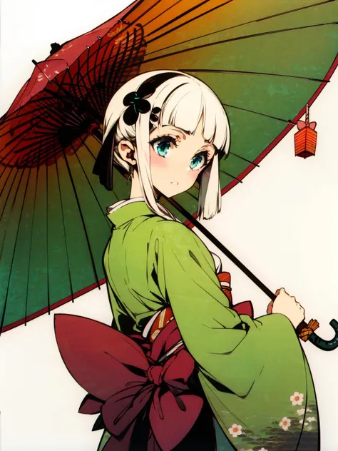1girl, japanese clothes, umbrella, oil-paper umbrella, solo, kimono, white hair, konpaku youmu, alternate hairstyle, flower, looking back, hair ornament, obi