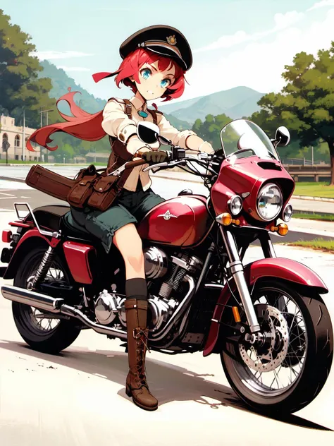 ground vehicle, gun, weapon, motor vehicle, 1 girl, motorcycle, red hair, hat, sitting, short hair, pink hair, long hair, boots, handgun, blue eyes