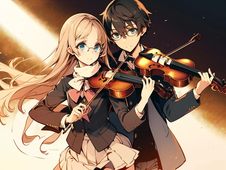 violin, instrument, 1boy, 1girl, glasses, scarf, long hair, black hair, brown hair, school uniform, jacket, bow \(music\), brown eyes, short hair, blue eyes, skirt