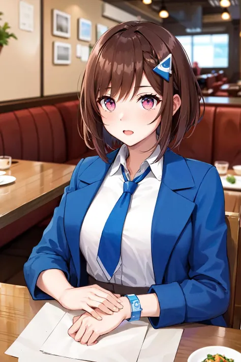 masterpiece, best quality, highres, aacocoa, short hair, hair ornament, blue necktie, collared shirt, white shirt, shirt tucked in, blue coat, open clothes, long sleeves, bracelet ,<lora:domyouji_cocoa_v1:0.7>, restaurant, food, table, sitting, upper body,