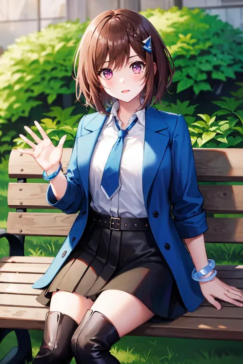 masterpiece, best quality, highres, aacocoa, short hair, hair ornament, blue necktie, collared shirt, white shirt, shirt tucked in, blue coat, open clothes, long sleeves, bracelet, belt, black skirt, pleated skirt, thigh boots, <lora:domyouji_cocoa_v1:0.7>, sitting, bench, waving,