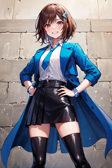 masterpiece, best quality, highres, aacocoa, short hair, hair ornament, blue necktie, collared shirt, white shirt, shirt tucked in, blue coat, open clothes, long sleeves, bracelet, belt, black skirt, pleated skirt, thigh boots, <lora:domyouji_cocoa_v1:0.7>, grin, hand on hip, wall