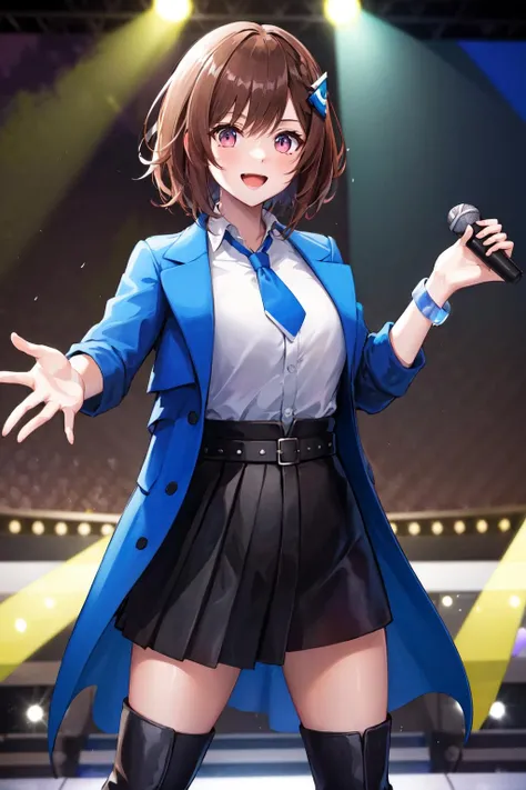 masterpiece, best quality, highres, aacocoa, short hair, hair ornament, blue necktie, collared shirt, white shirt, shirt tucked in, blue coat, open clothes, long sleeves, bracelet, belt, black skirt, pleated skirt, thigh boots, <lora:domyouji_cocoa_v1:0.7>, smile, open mouth, stage, holding microphone, standing, reaching out,