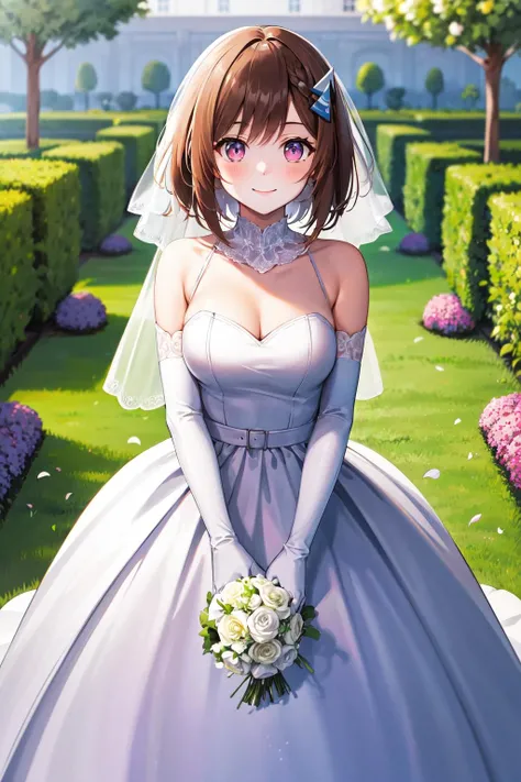 masterpiece, best quality, highres, aacocoa, short hair, hair ornament, <lora:domyouji_cocoa_v1:0.7>, wedding dress, white gloves, elbow gloves, white dress, garden, standing, smile, holding bouquet,